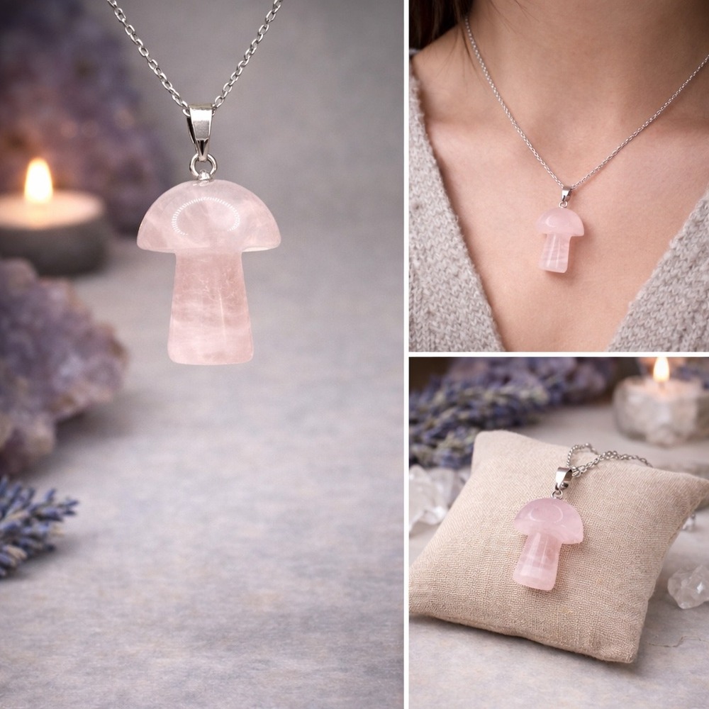 Rose‎ Quartz Mushroom Pendant Necklace Boho Witchy Crystal Jewelry